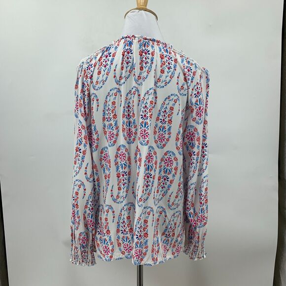 Talbots Blouse Womens M Medium White Blue Shirred Notch Floral Peasant Paisley - Picture 7 of 14